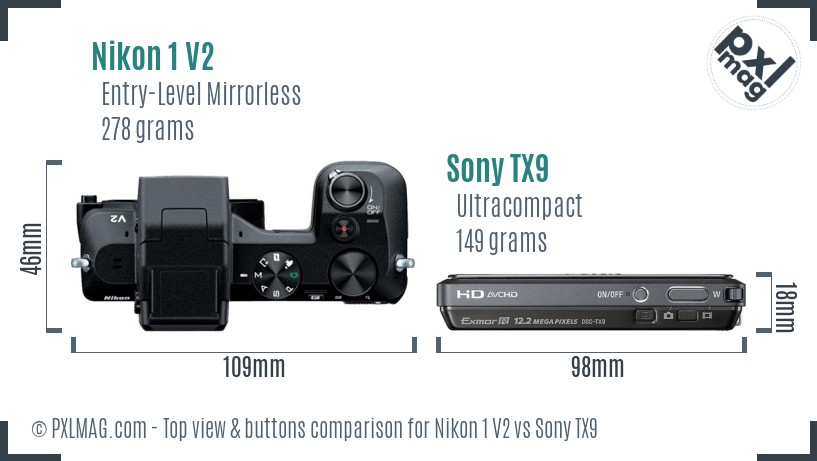 Nikon 1 V2 vs Sony TX9 top view buttons comparison