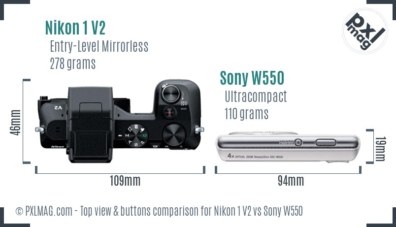 Nikon 1 V2 vs Sony W550 top view buttons comparison
