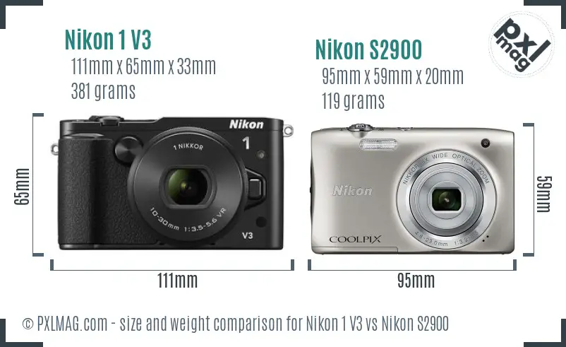 Nikon 1 V3 vs Nikon S2900 size comparison
