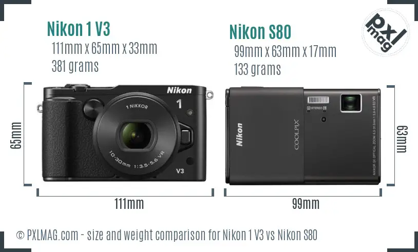 Nikon 1 V3 vs Nikon S80 size comparison