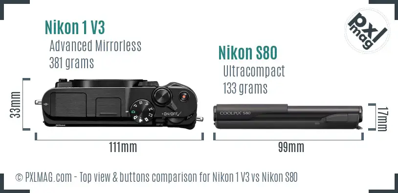 Nikon 1 V3 vs Nikon S80 top view buttons comparison