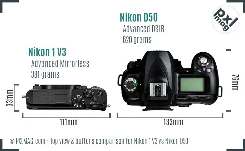 Nikon 1 V3 vs Nikon D50 top view buttons comparison