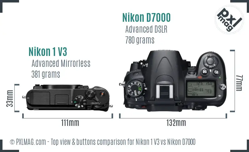 Nikon 1 V3 vs Nikon D7000 top view buttons comparison