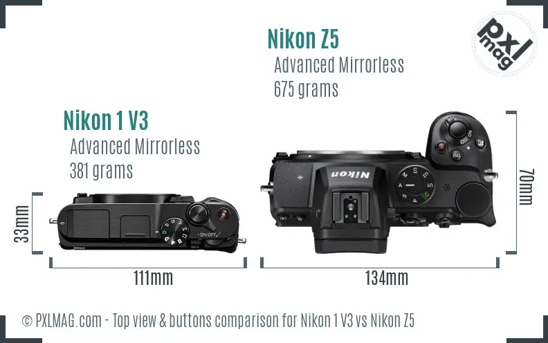 Nikon 1 V3 vs Nikon Z5 top view buttons comparison