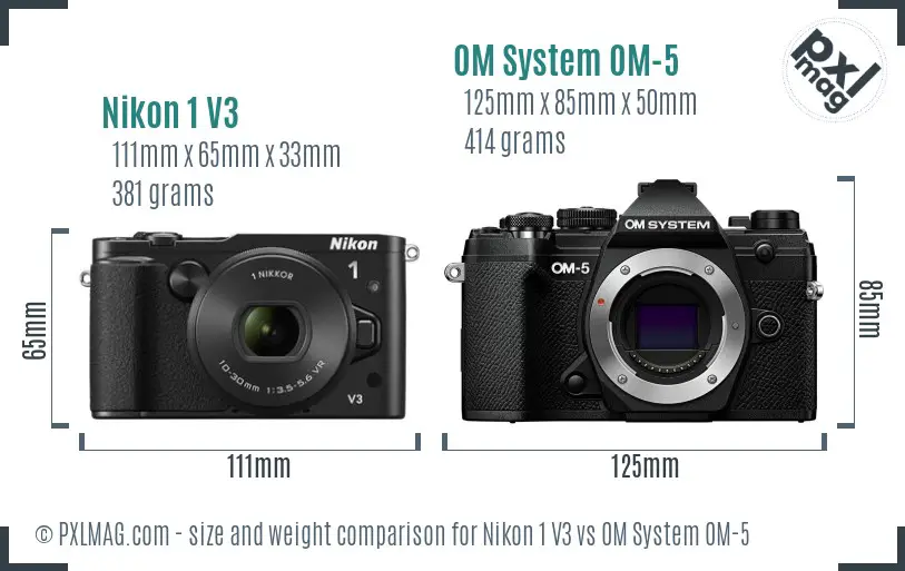 Nikon 1 V3 vs OM System OM-5 size comparison