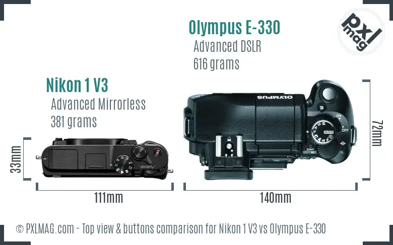 Nikon 1 V3 vs Olympus E-330 top view buttons comparison