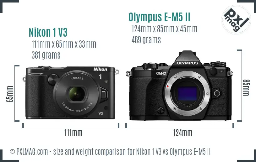 Nikon 1 V3 vs Olympus E-M5 II size comparison Nikon 1 V3 vs Olympus E-M5 II size comparison