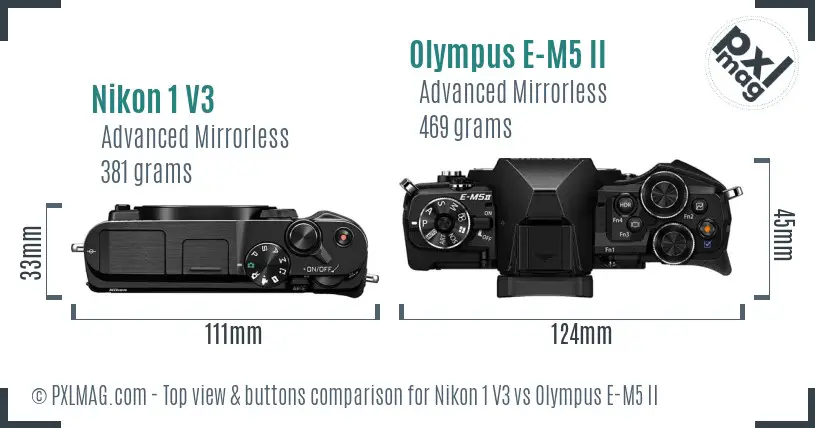 Nikon 1 V3 vs Olympus E-M5 II top view buttons comparison Nikon 1 V3 vs Olympus E-M5 II top view buttons comparison