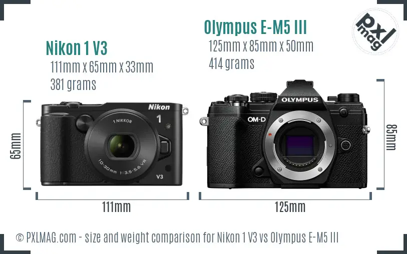 Nikon 1 V3 vs Olympus E-M5 III size comparison