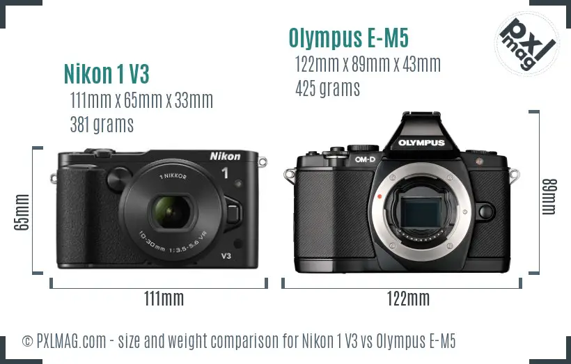 Nikon 1 V3 vs Olympus E-M5 size comparison