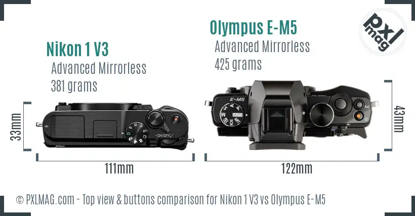 Nikon 1 V3 vs Olympus E-M5 top view buttons comparison