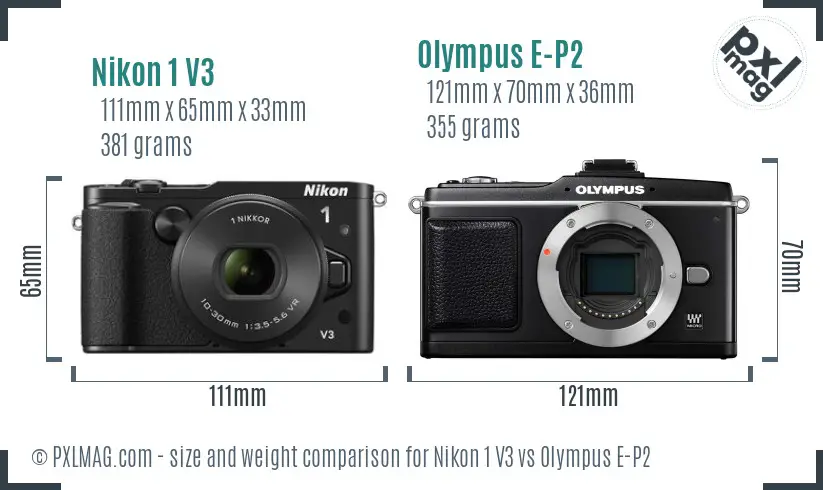 Nikon 1 V3 vs Olympus E-P2 size comparison