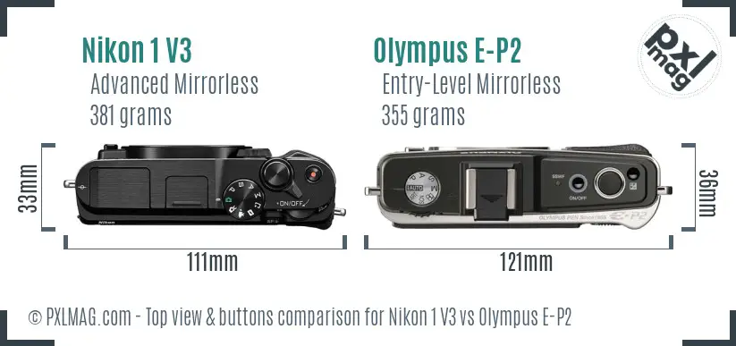 Nikon 1 V3 vs Olympus E-P2 top view buttons comparison