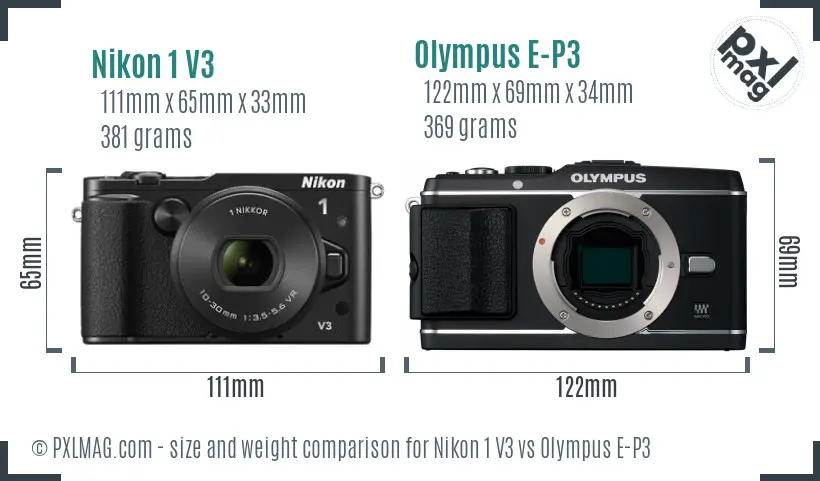 Nikon 1 V3 vs Olympus E-P3 size comparison