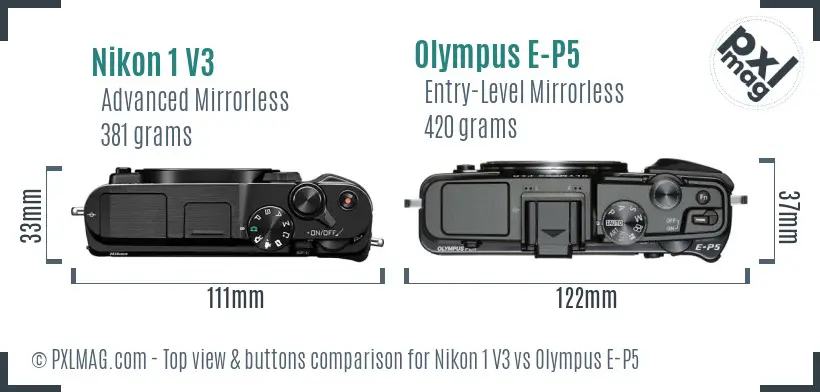 Nikon 1 V3 vs Olympus E-P5 top view buttons comparison Nikon 1 V3 vs Olympus E-P5 top view buttons comparison