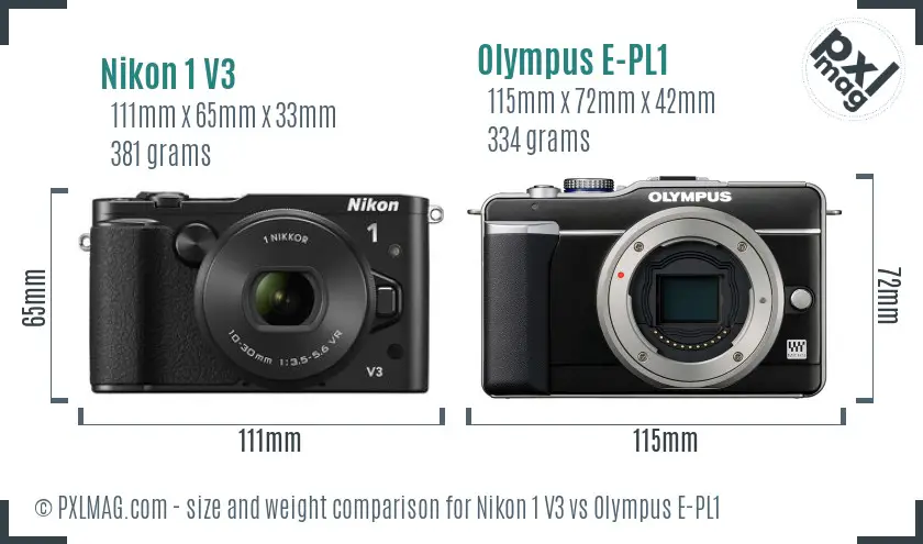 Nikon 1 V3 vs Olympus E-PL1 size comparison