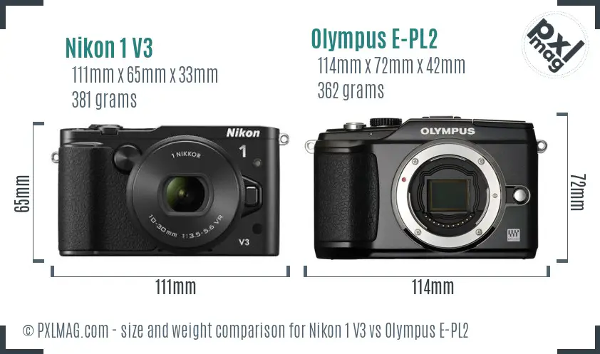 Nikon 1 V3 vs Olympus E-PL2 size comparison
