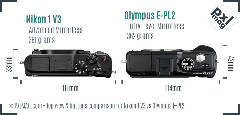 Nikon 1 V3 vs Olympus E-PL2 top view buttons comparison
