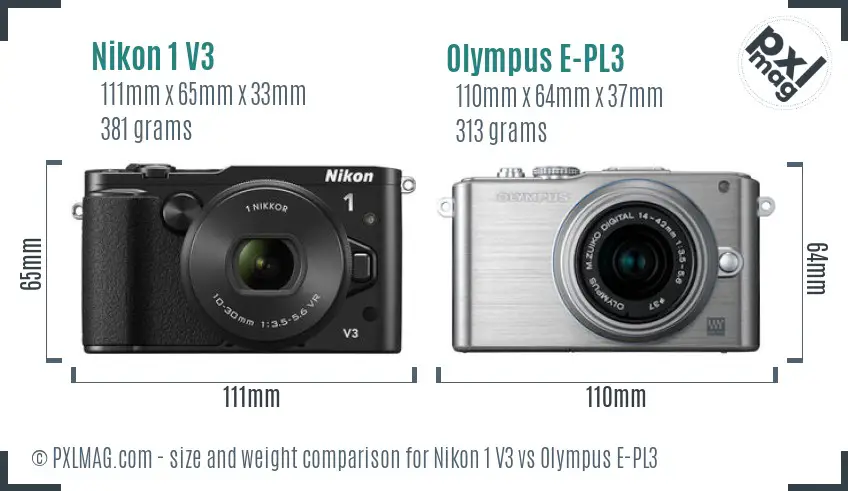 Nikon 1 V3 vs Olympus E-PL3 size comparison