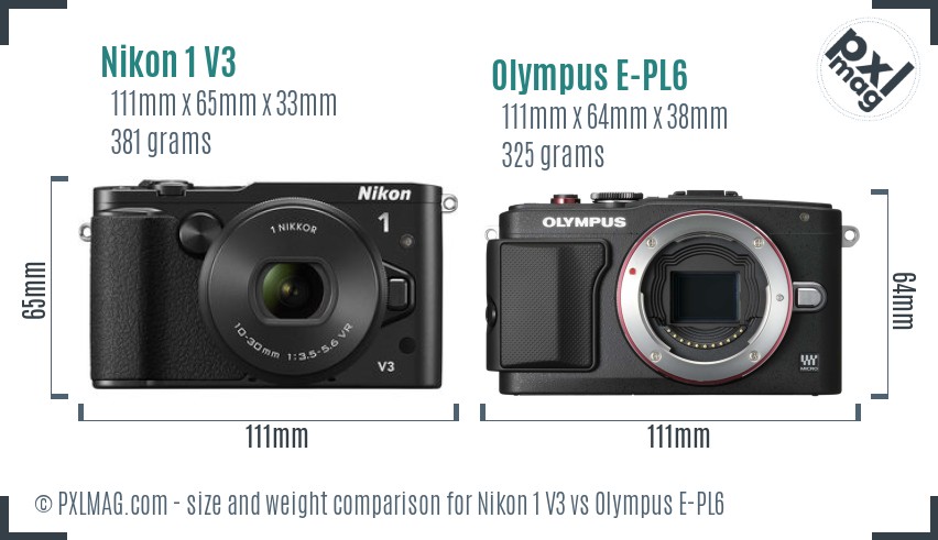 Nikon 1 V3 vs Olympus E-PL6 size comparison