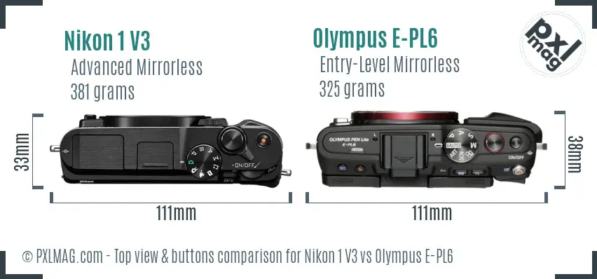Nikon 1 V3 vs Olympus E-PL6 top view buttons comparison