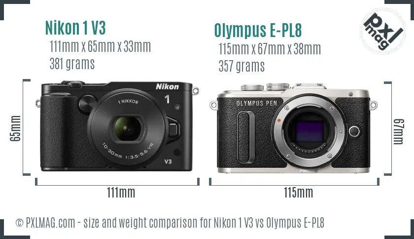 Nikon 1 V3 vs Olympus E-PL8 size comparison