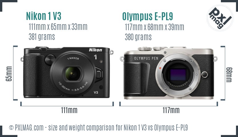 Nikon 1 V3 vs Olympus E-PL9 size comparison