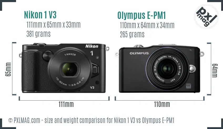 Nikon 1 V3 vs Olympus E-PM1 size comparison
