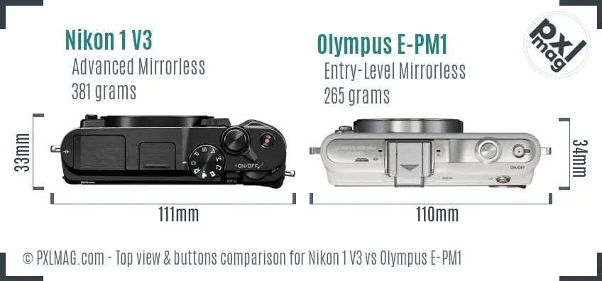 Nikon 1 V3 vs Olympus E-PM1 top view buttons comparison