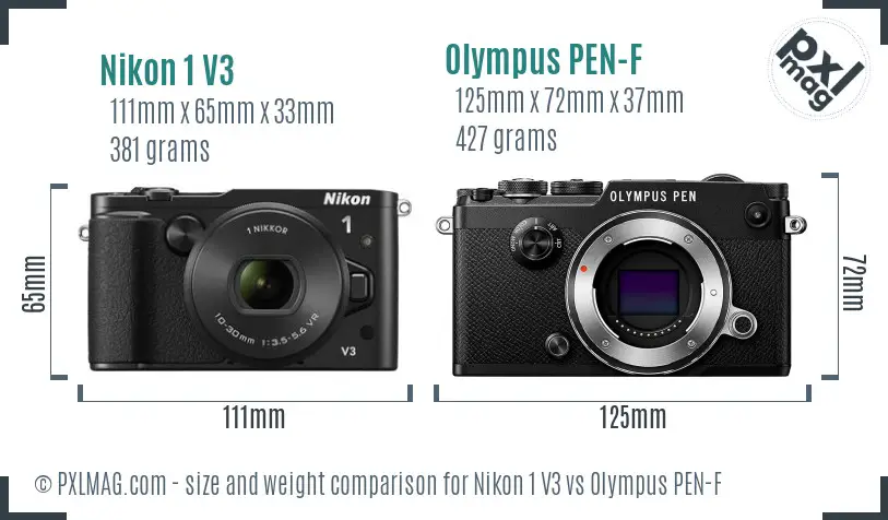 Nikon 1 V3 vs Olympus PEN-F size comparison