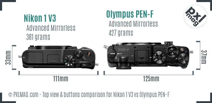 Nikon 1 V3 vs Olympus PEN-F top view buttons comparison