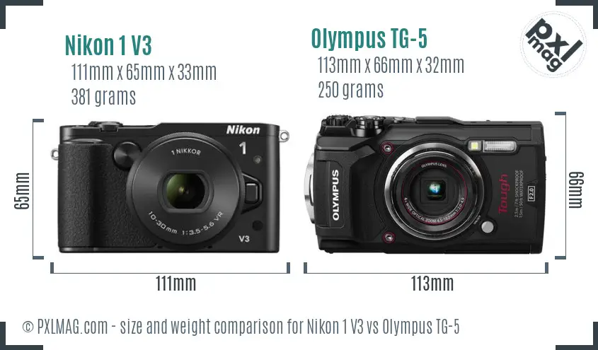Nikon 1 V3 vs Olympus TG-5 size comparison