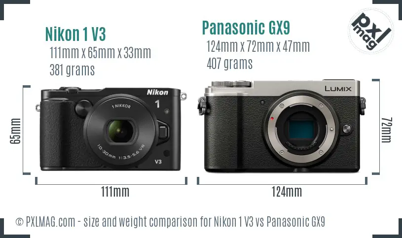 Nikon 1 V3 vs Panasonic GX9 size comparison