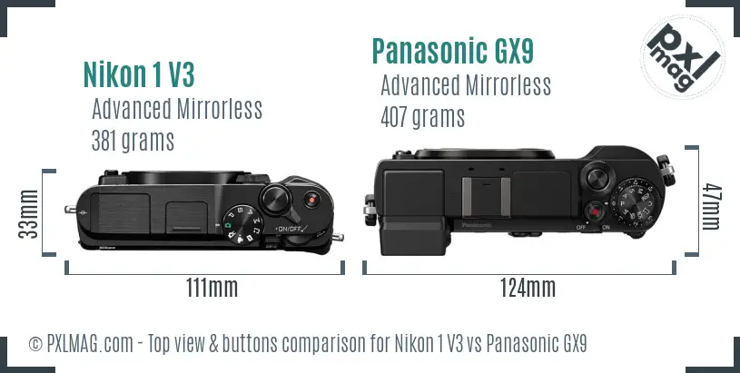 Nikon 1 V3 vs Panasonic GX9 top view buttons comparison