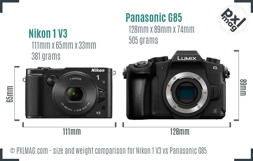 Nikon 1 V3 vs Panasonic G85 size comparison