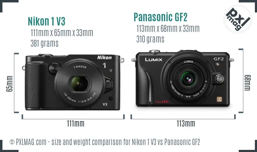 Nikon 1 V3 vs Panasonic GF2 size comparison