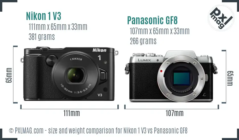 Nikon 1 V3 vs Panasonic GF8 size comparison Nikon 1 V3 vs Panasonic GF8 size comparison