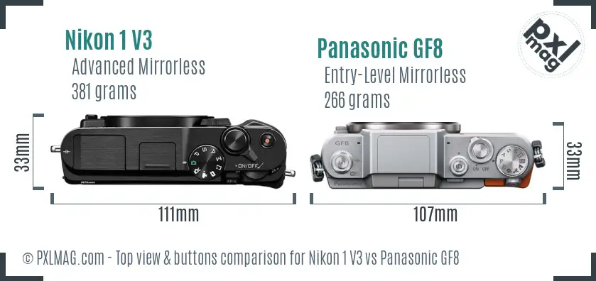 Nikon 1 V3 vs Panasonic GF8 top view buttons comparison Nikon 1 V3 vs Panasonic GF8 top view buttons comparison