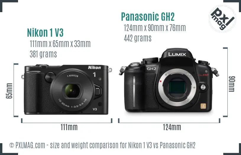 Nikon 1 V3 vs Panasonic GH2 size comparison