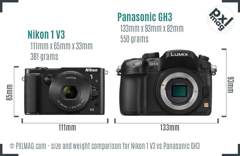 Nikon 1 V3 vs Panasonic GH3 size comparison