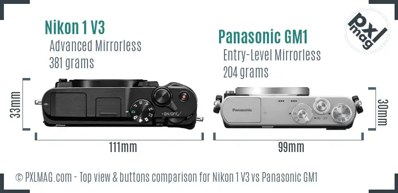 Nikon 1 V3 vs Panasonic GM1 top view buttons comparison Nikon 1 V3 vs Panasonic GM1 top view buttons comparison