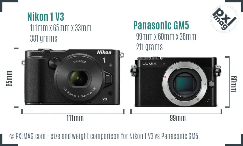 Nikon 1 V3 vs Panasonic GM5 size comparison