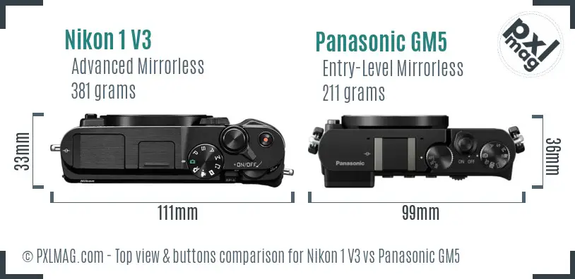 Nikon 1 V3 vs Panasonic GM5 top view buttons comparison