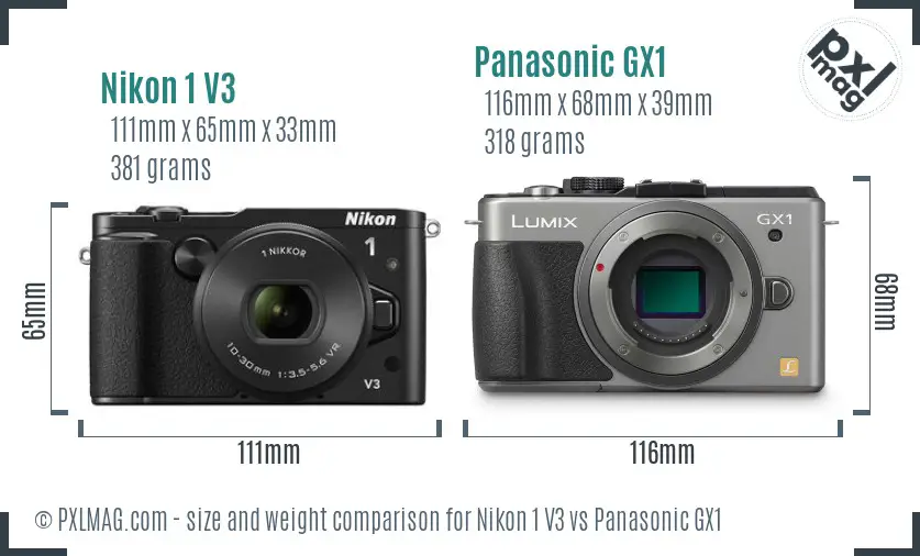 Nikon 1 V3 vs Panasonic GX1 size comparison Nikon 1 V3 vs Panasonic GX1 size comparison