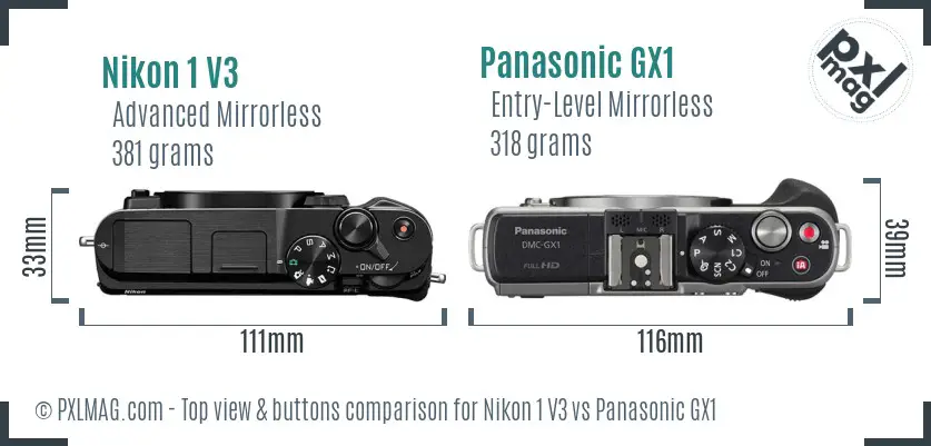 Nikon 1 V3 vs Panasonic GX1 top view buttons comparison Nikon 1 V3 vs Panasonic GX1 top view buttons comparison