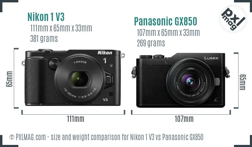 Nikon 1 V3 vs Panasonic GX850 size comparison
