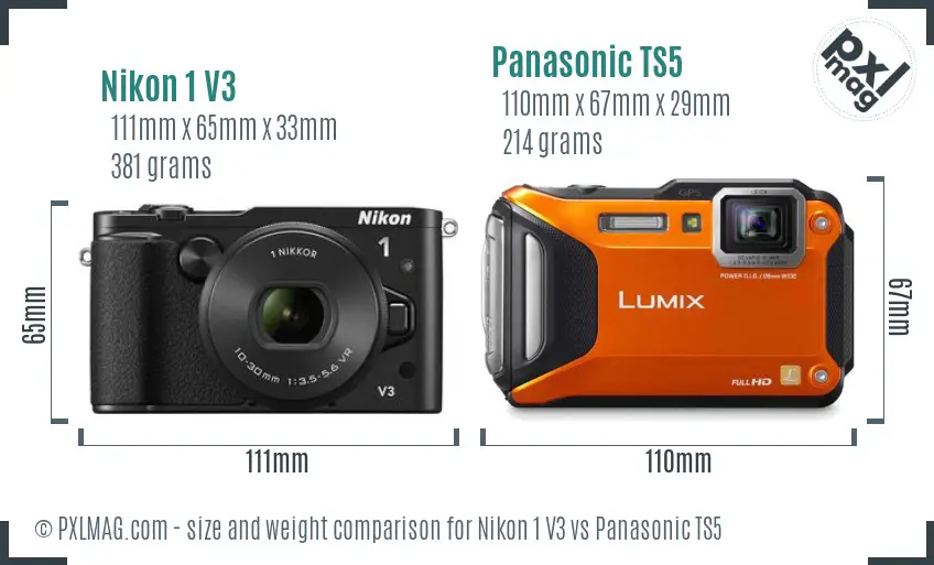 Nikon 1 V3 vs Panasonic TS5 size comparison