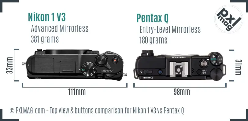 Nikon 1 V3 vs Pentax Q top view buttons comparison Nikon 1 V3 vs Pentax Q top view buttons comparison