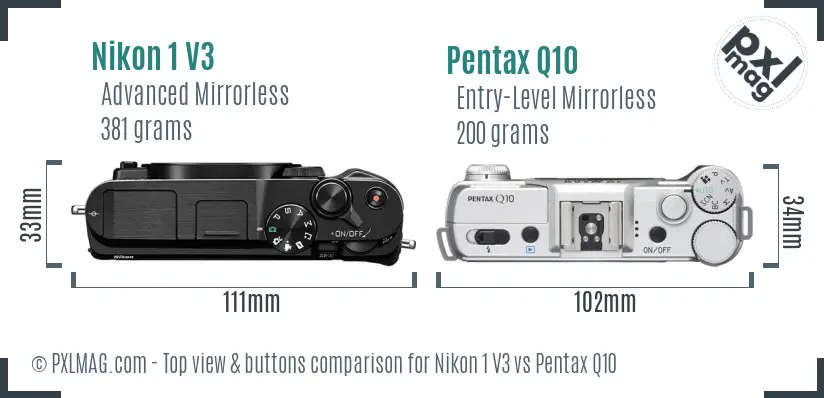 Nikon 1 V3 vs Pentax Q10 top view buttons comparison