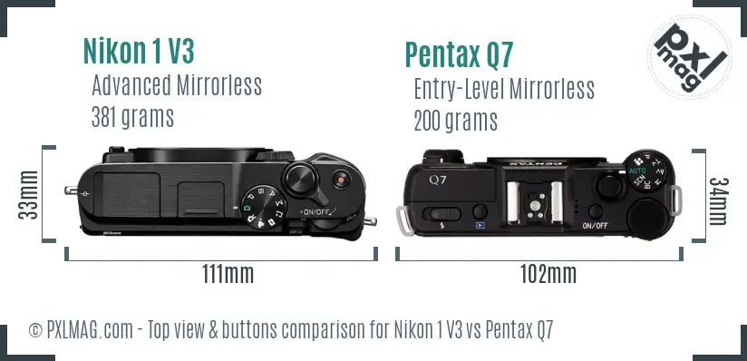 Nikon 1 V3 vs Pentax Q7 top view buttons comparison